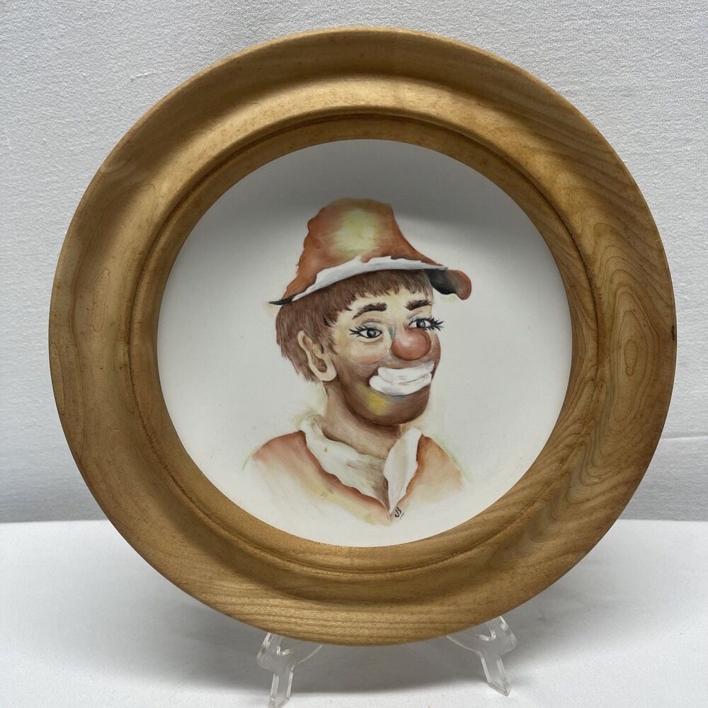 Vintage 1979 Hand Painted J. Bumgardner Clown Plate Wood Frame Collectors Plate